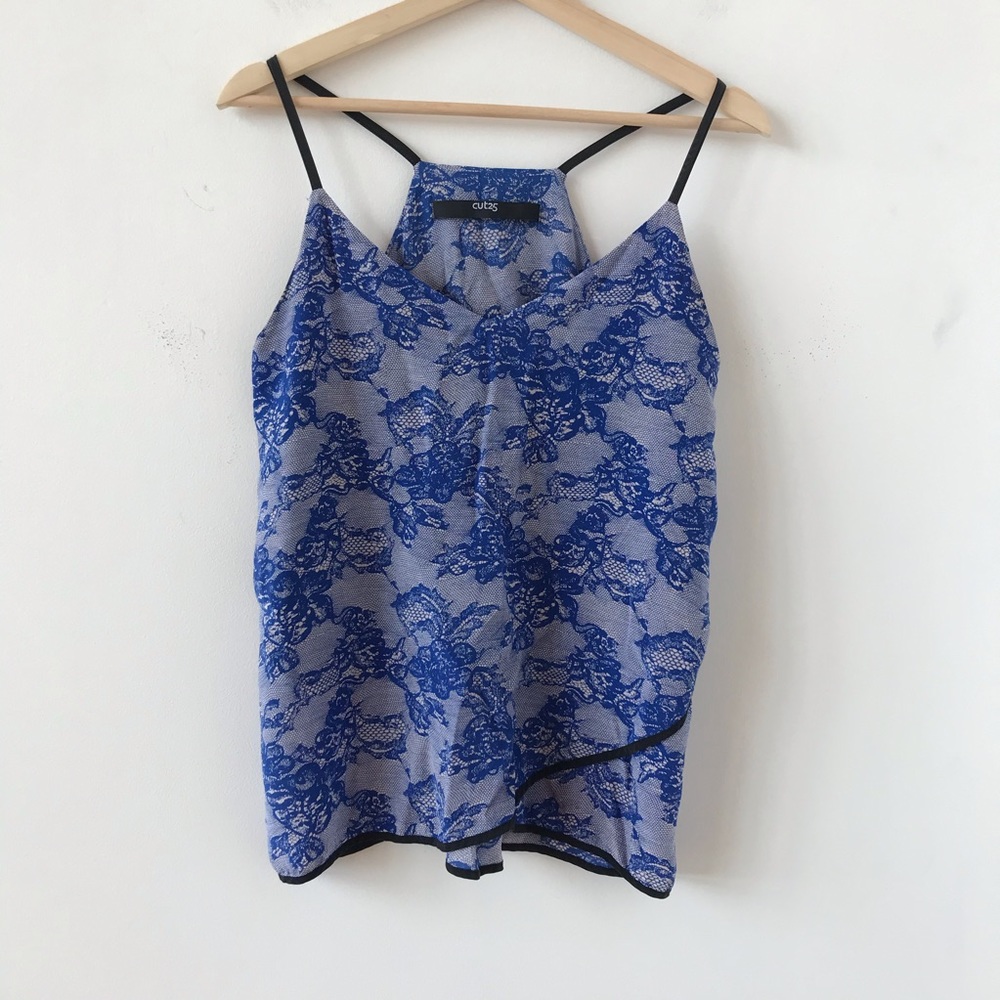 Cut 25 blue and white silk racer back tank